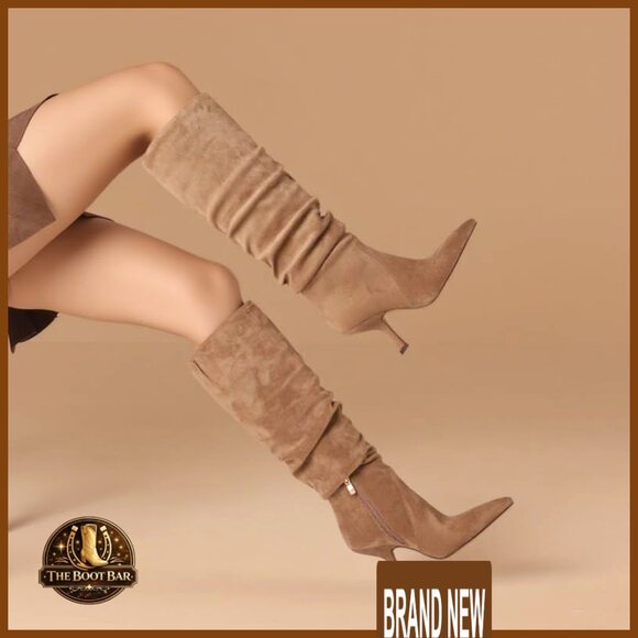 Knee High Boots Wide Calf Slouchy Tall Kitten Heel Pointed Toe Side Zipper - Picture 4 of 7